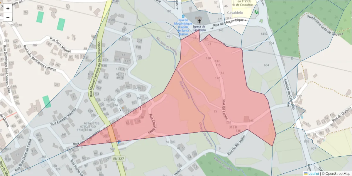 Mapa detalhado do código postal 3700-124 com limites, códigos postais vizinhos e agências dos correios