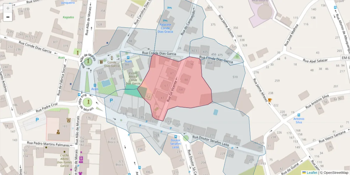 Mapa detalhado do código postal 3700-125 com limites, códigos postais vizinhos e agências dos correios