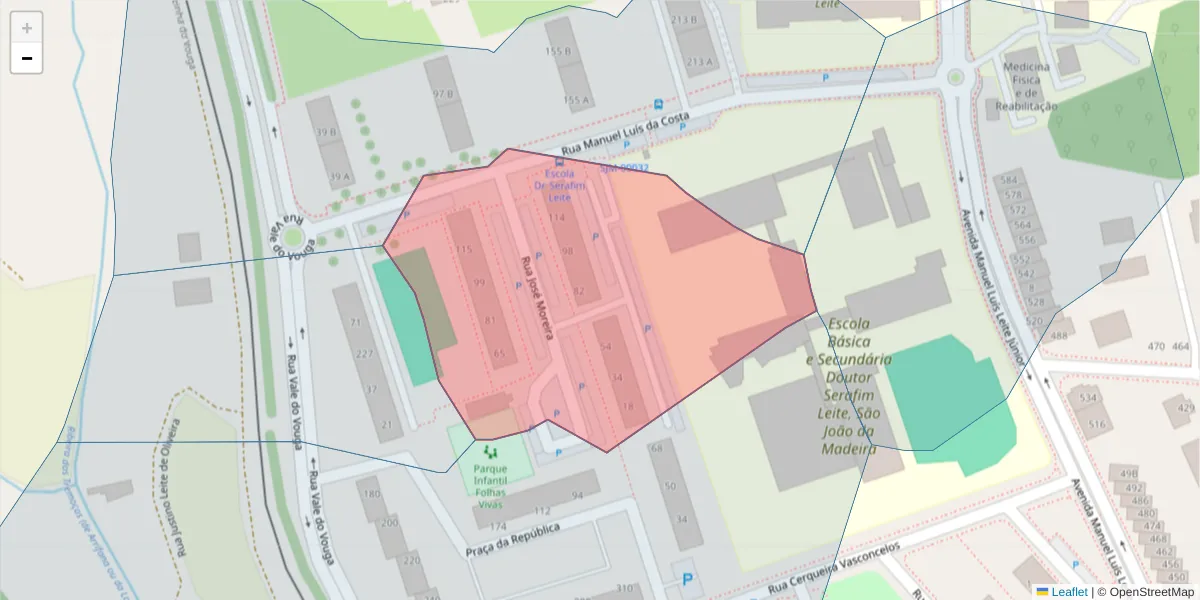 Mapa detalhado do código postal 3700-155 com limites, códigos postais vizinhos e agências dos correios