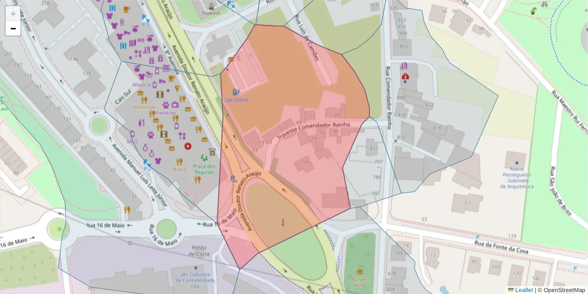 Mapa detalhado do código postal 3700-233 com limites, códigos postais vizinhos e agências dos correios
