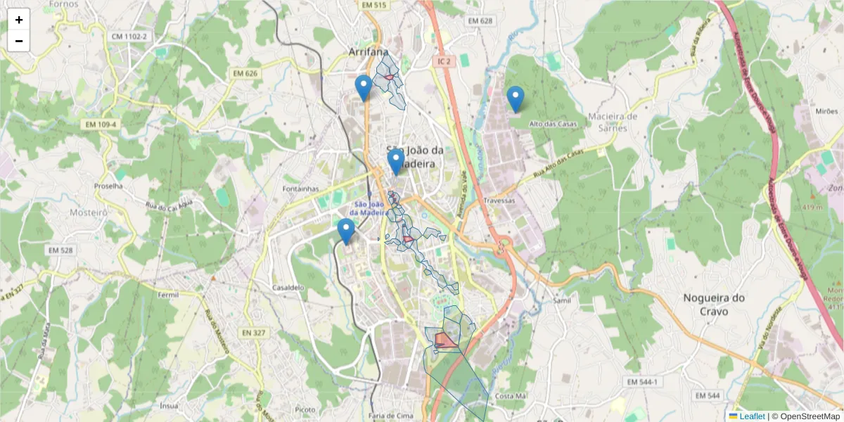 Mapa detalhado do código postal 3700-270 com limites, códigos postais vizinhos e agências dos correios