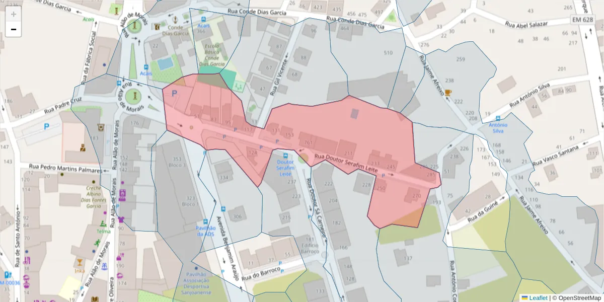 Mapa detalhado do código postal 3700-284 com limites, códigos postais vizinhos e agências dos correios