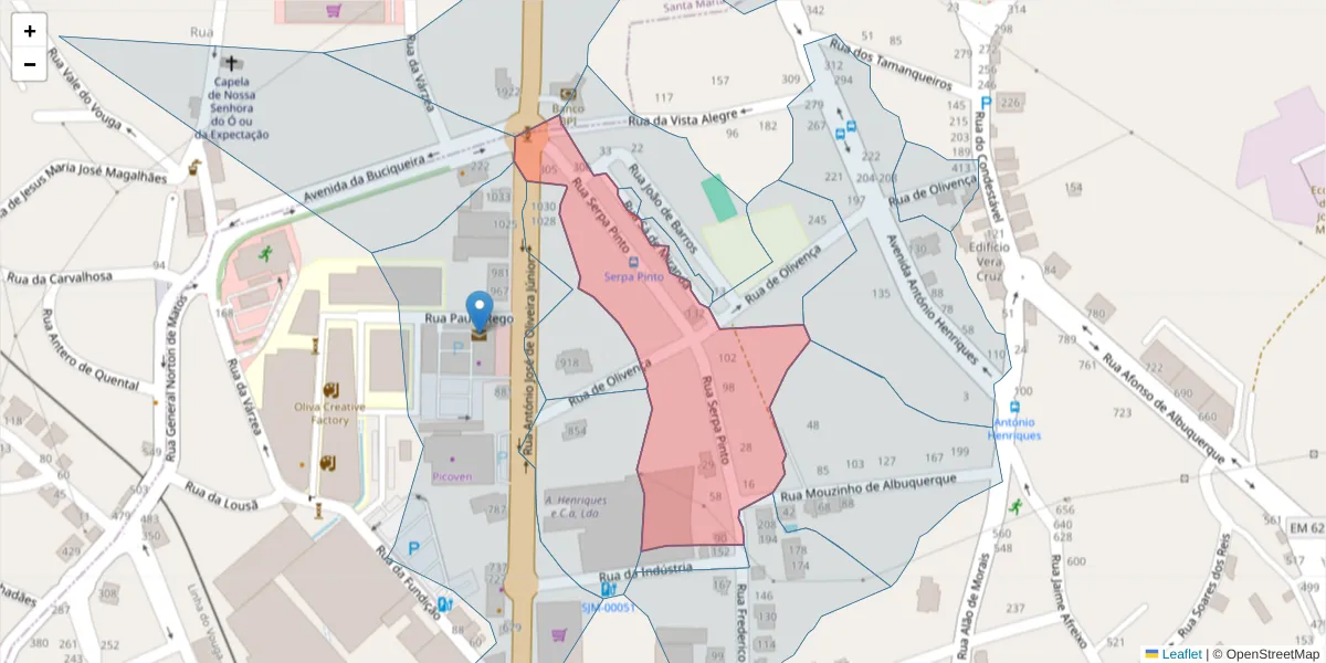 Mapa detalhado do código postal 3700-285 com limites, códigos postais vizinhos e agências dos correios