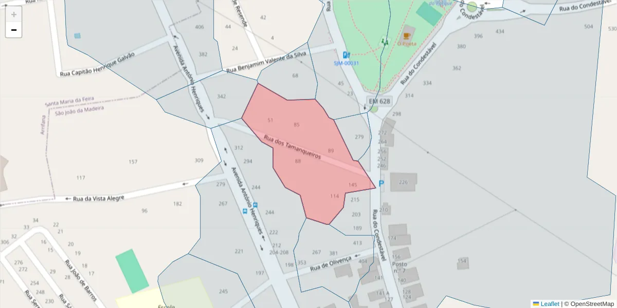 Mapa detalhado do código postal 3700-289 com limites, códigos postais vizinhos e agências dos correios