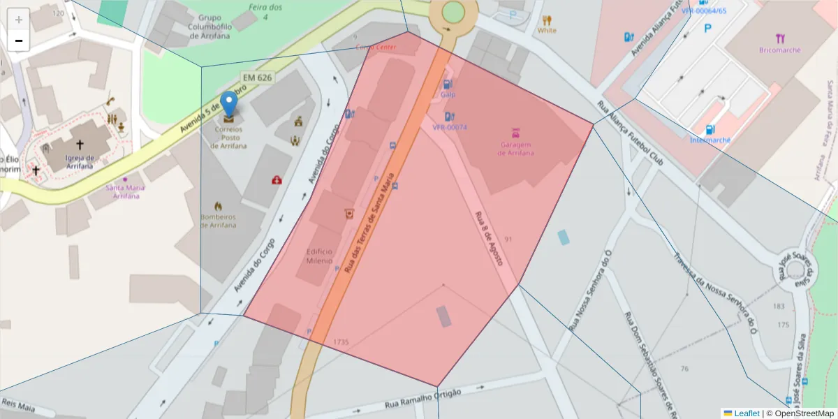 Mapa detalhado do código postal 3700-397 com limites, códigos postais vizinhos e agências dos correios
