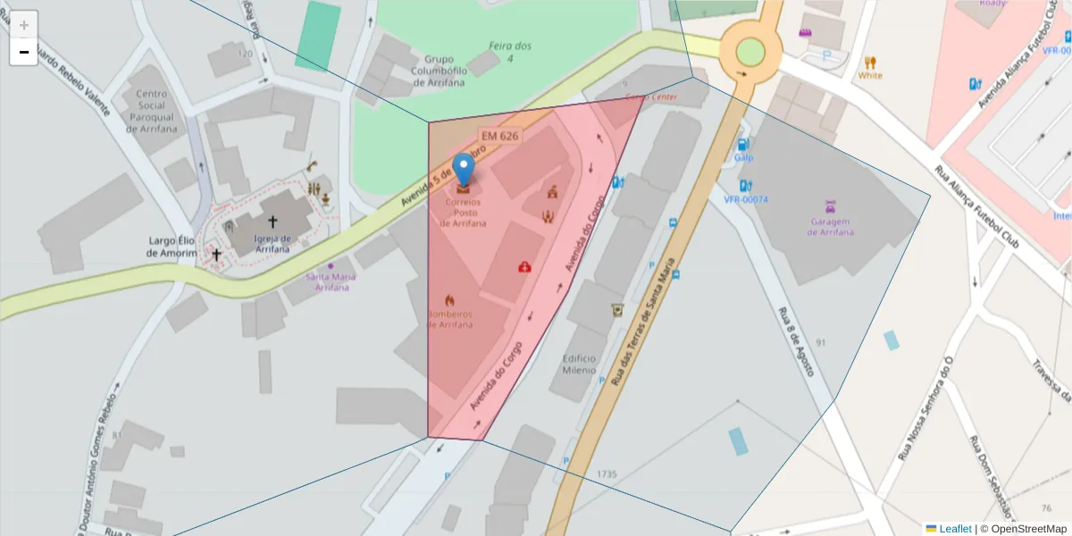 Mapa detalhado do código postal 3700-460 com limites, códigos postais vizinhos e agências dos correios