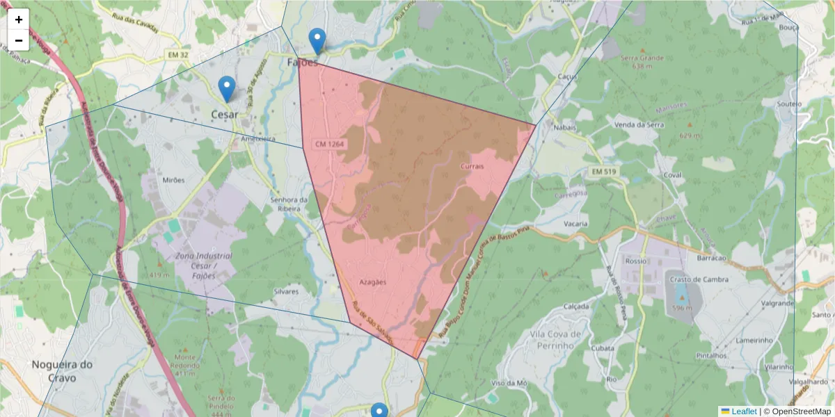 Mapa detalhado do código postal 3700-599 com limites, códigos postais vizinhos e agências dos correios