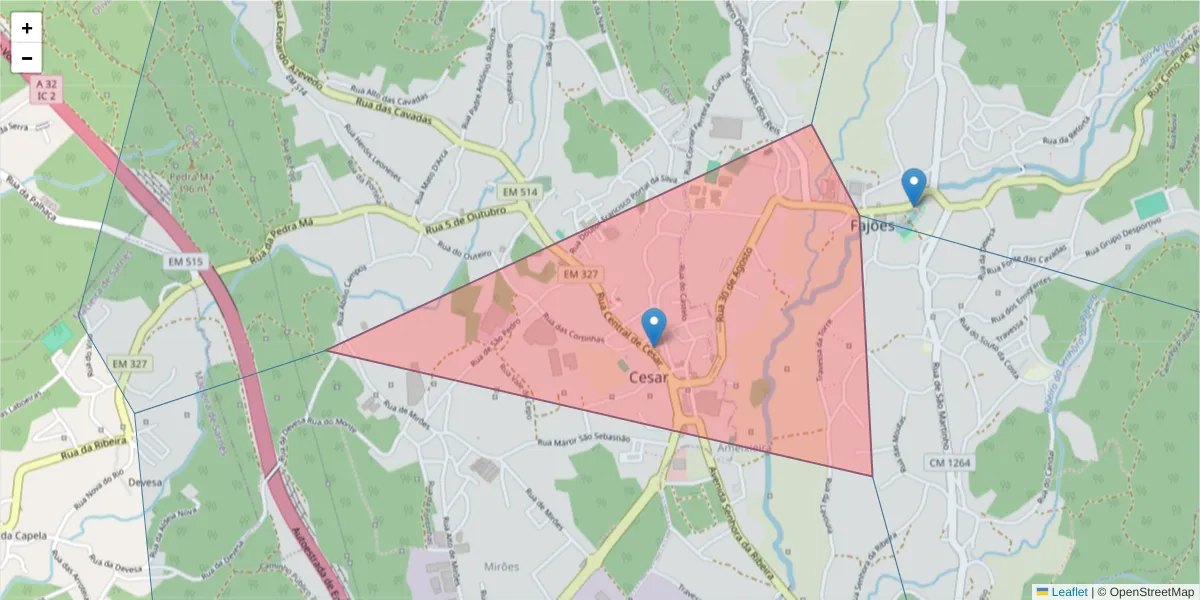Mapa detalhado do código postal 3700-611 com limites, códigos postais vizinhos e agências dos correios