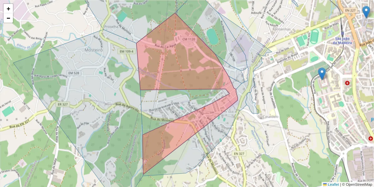 Mapa detalhado do código postal 3700-908 com limites, códigos postais vizinhos e agências dos correios