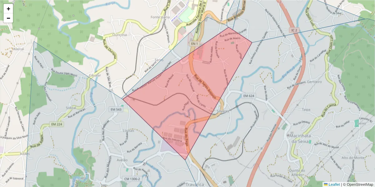 Mapa detalhado do código postal 3720-000 com limites, códigos postais vizinhos e agências dos correios