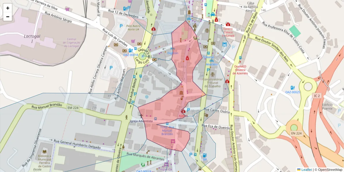 Mapa detalhado do código postal 3720-234 com limites, códigos postais vizinhos e agências dos correios