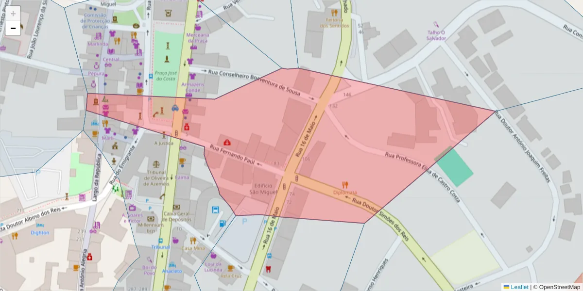 Mapa detalhado do código postal 3720-245 com limites, códigos postais vizinhos e agências dos correios