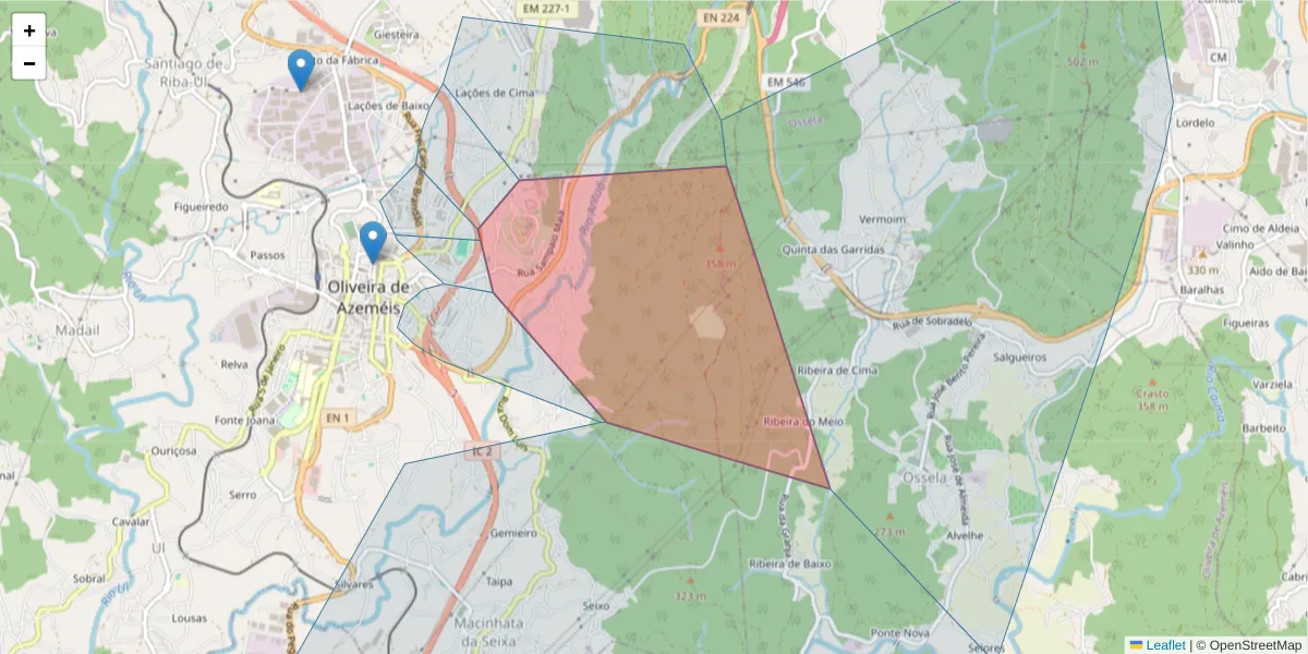 Mapa detalhado do código postal 3720-291 com limites, códigos postais vizinhos e agências dos correios