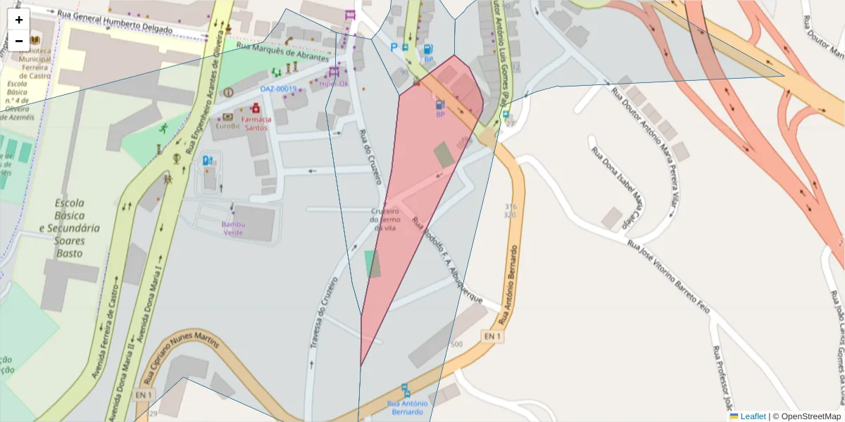 Mapa detalhado do código postal 3720-301 com limites, códigos postais vizinhos e agências dos correios