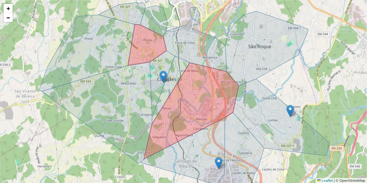 Mapa detalhado do código postal 3720-350 com limites, códigos postais vizinhos e agências dos correios