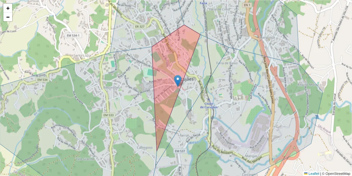 Mapa detalhado do código postal 3720 386 com limites, códigos postais vizinhos e agências dos correios