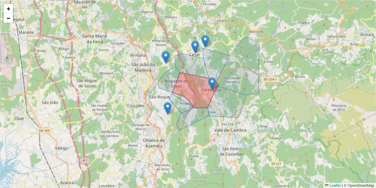Mapa detalhado do código postal 3720-444 com limites, códigos postais vizinhos e agências dos correios