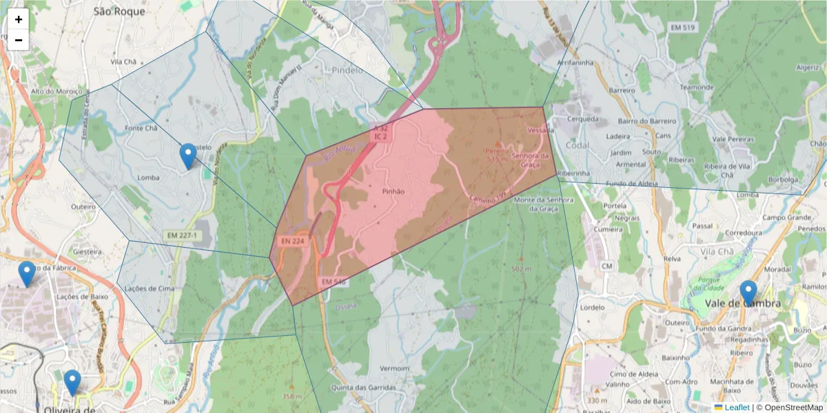 Mapa detalhado do código postal 3720-454 com limites, códigos postais vizinhos e agências dos correios