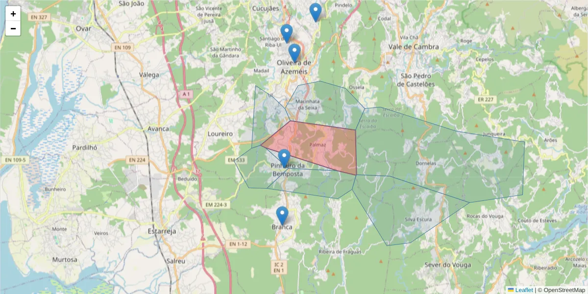 Mapa detalhado do código postal 3720-463 com limites, códigos postais vizinhos e agências dos correios