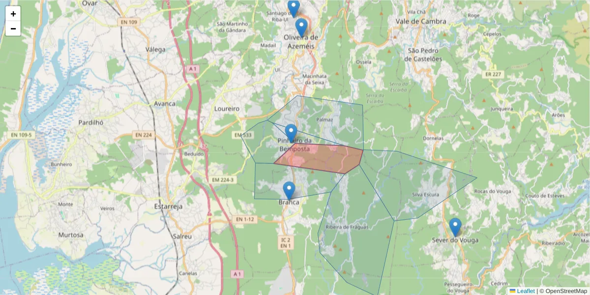 Mapa detalhado do código postal 3720-464 com limites, códigos postais vizinhos e agências dos correios