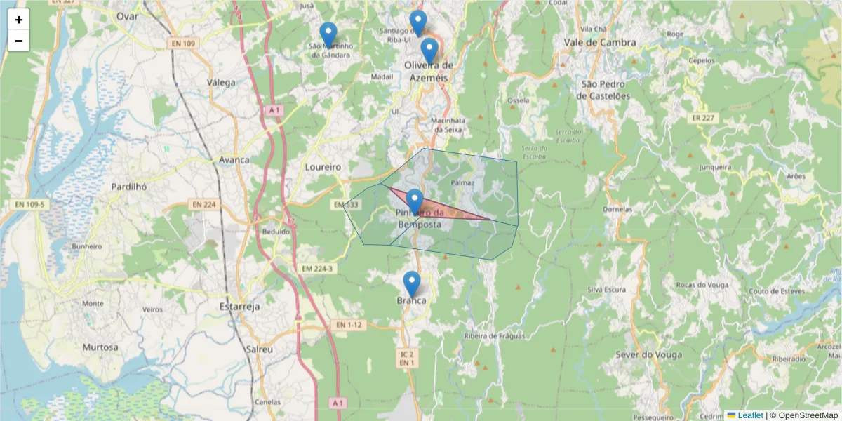 Mapa detalhado do código postal 3720-486 com limites, códigos postais vizinhos e agências dos correios