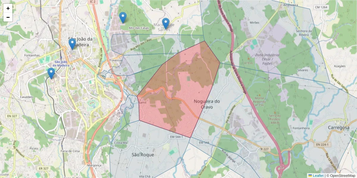 Mapa detalhado do código postal 3720-713 com limites, códigos postais vizinhos e agências dos correios