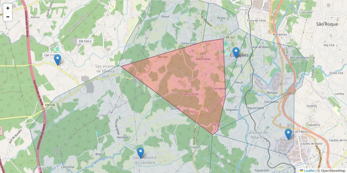Mapa detalhado do código postal 3720-901 com limites, códigos postais vizinhos e agências dos correios
