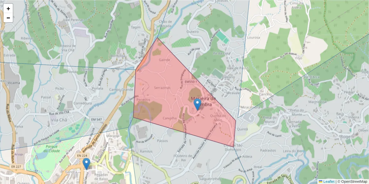 Mapa detalhado do código postal 3730-223 com limites, códigos postais vizinhos e agências dos correios