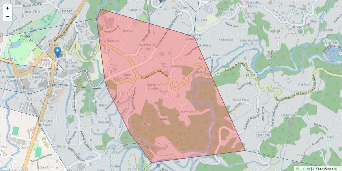 Mapa detalhado do código postal 3730-294 com limites, códigos postais vizinhos e agências dos correios