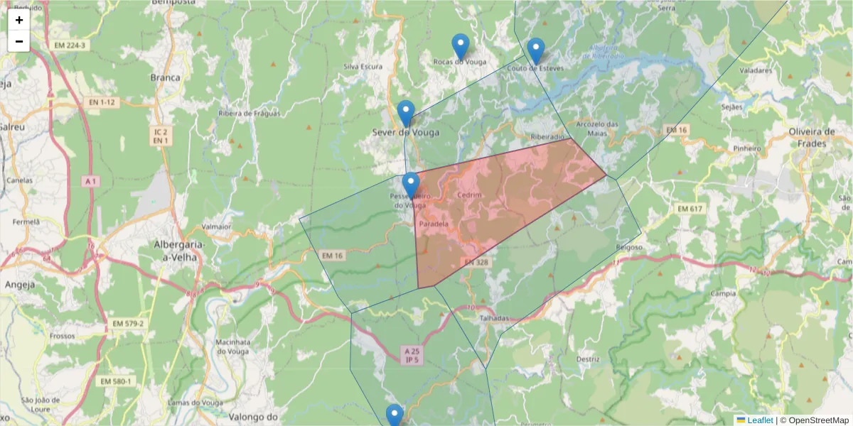 Mapa detalhado do código postal 3740-070 com limites, códigos postais vizinhos e agências dos correios
