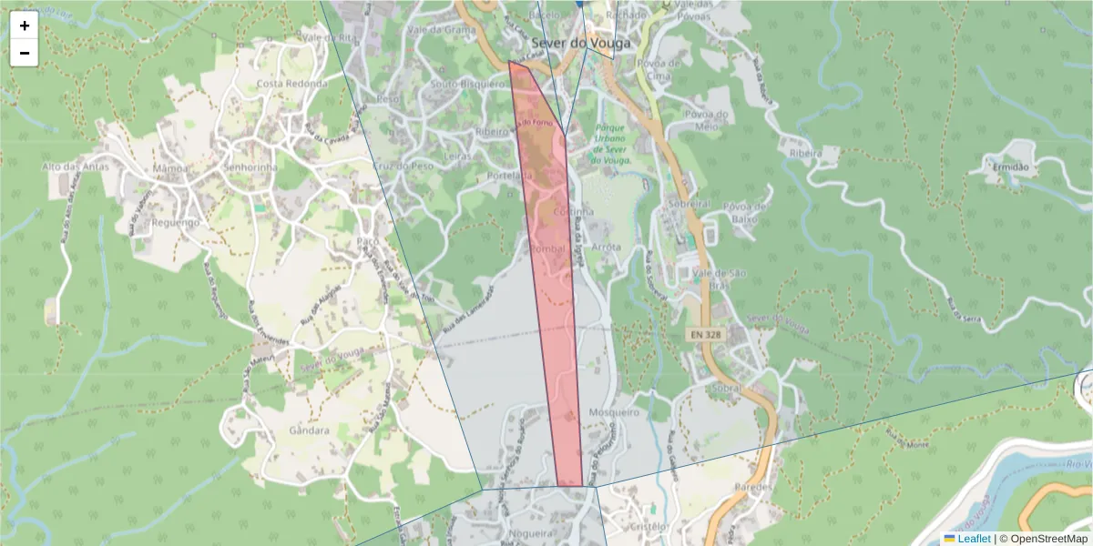 Mapa detalhado do código postal 3740-255 com limites, códigos postais vizinhos e agências dos correios
