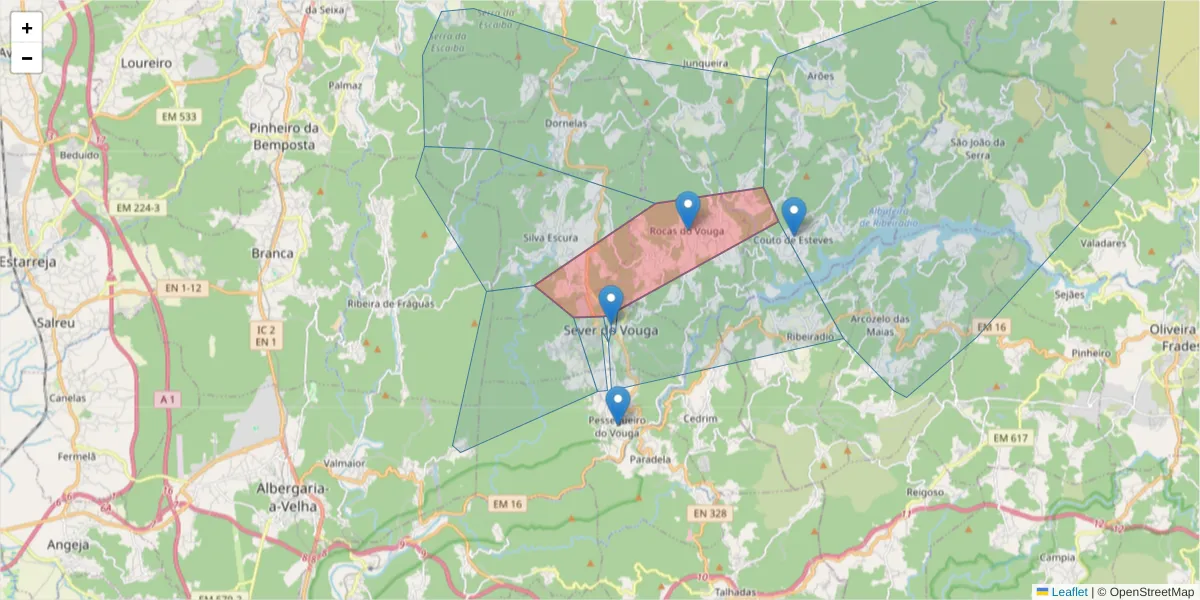 Mapa detalhado do código postal 3740-295 com limites, códigos postais vizinhos e agências dos correios