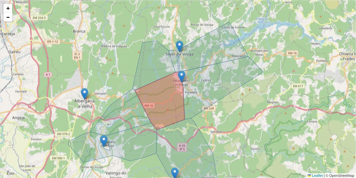 Mapa detalhado do código postal 3740 com limites, códigos postais vizinhos e agências dos correios