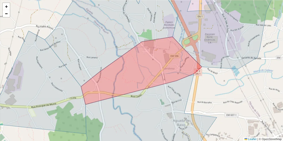 Mapa detalhado do código postal 3750-033 com limites, códigos postais vizinhos e agências dos correios