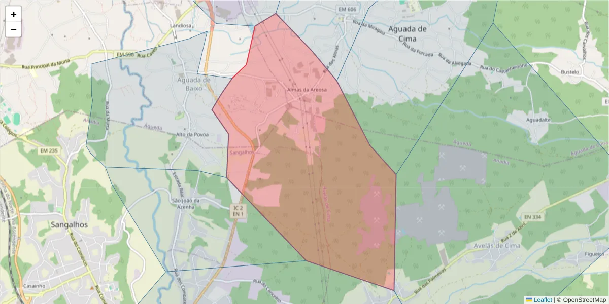Mapa detalhado do código postal 3750-035 com limites, códigos postais vizinhos e agências dos correios