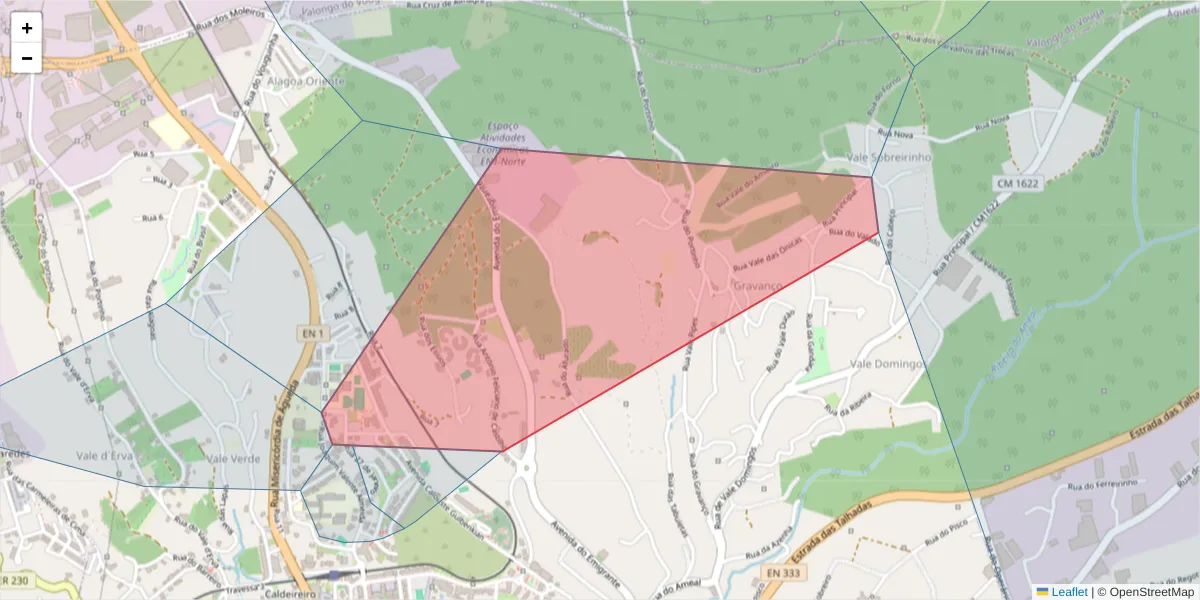 Mapa detalhado do código postal 3750-102 com limites, códigos postais vizinhos e agências dos correios