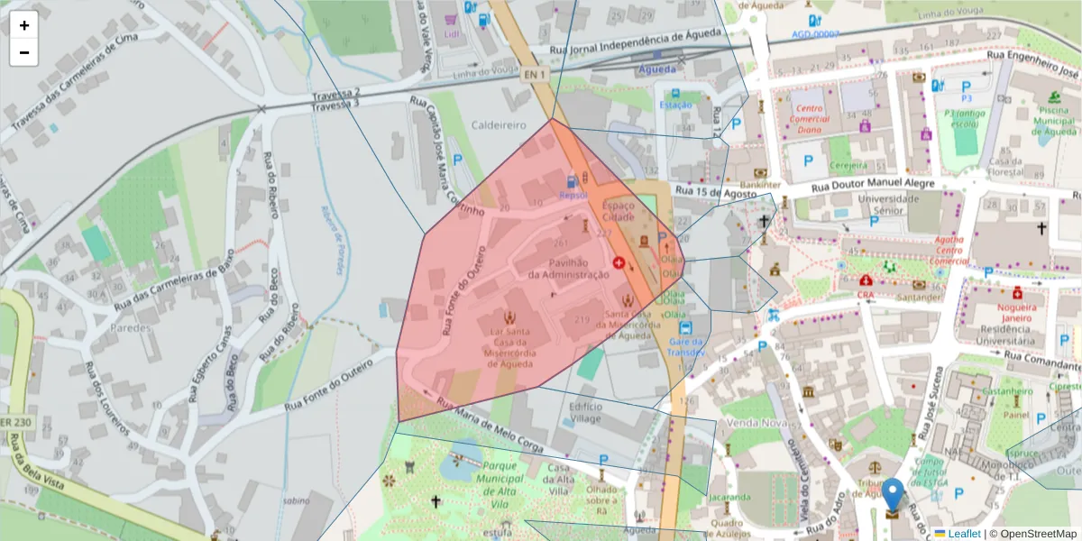 Mapa detalhado do código postal 3750-103 com limites, códigos postais vizinhos e agências dos correios