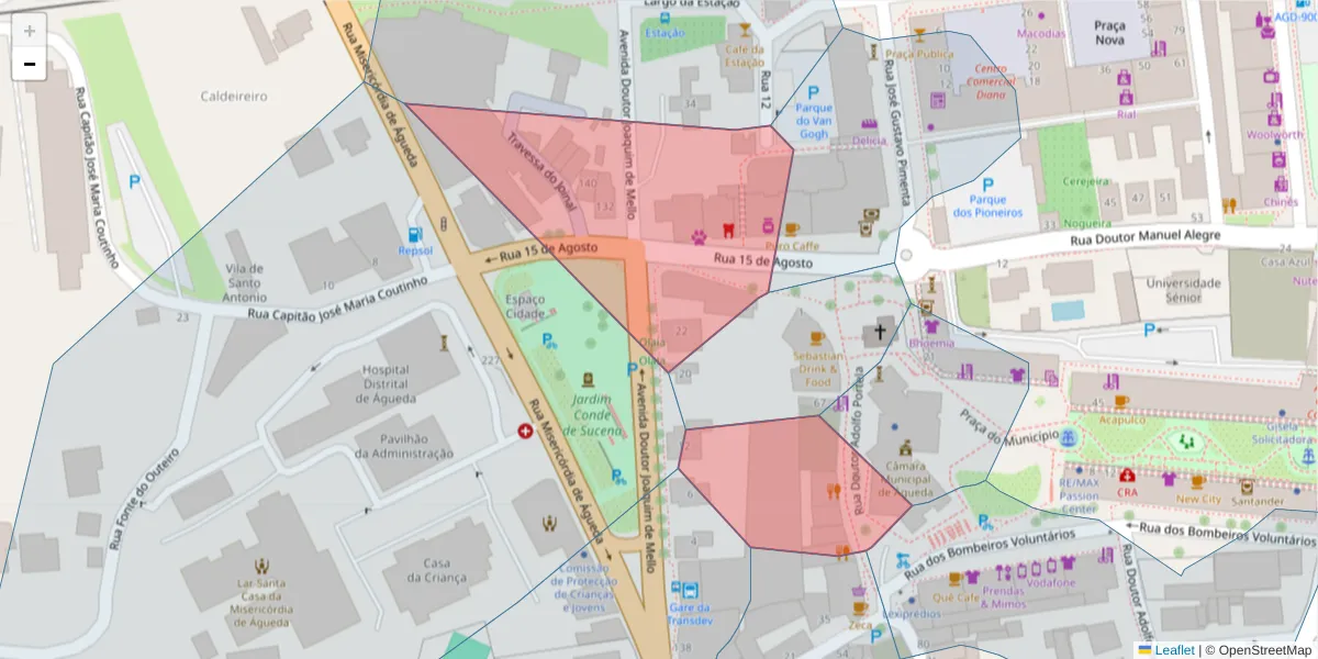 Mapa detalhado do código postal 3750-115 com limites, códigos postais vizinhos e agências dos correios