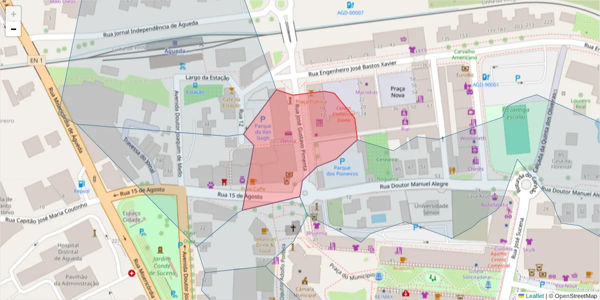 Mapa detalhado do código postal 3750-155 com limites, códigos postais vizinhos e agências dos correios