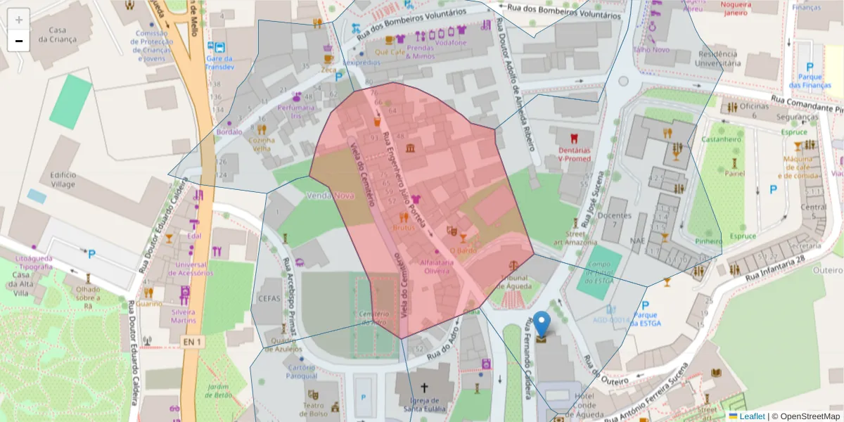 Mapa detalhado do código postal 3750-158 com limites, códigos postais vizinhos e agências dos correios