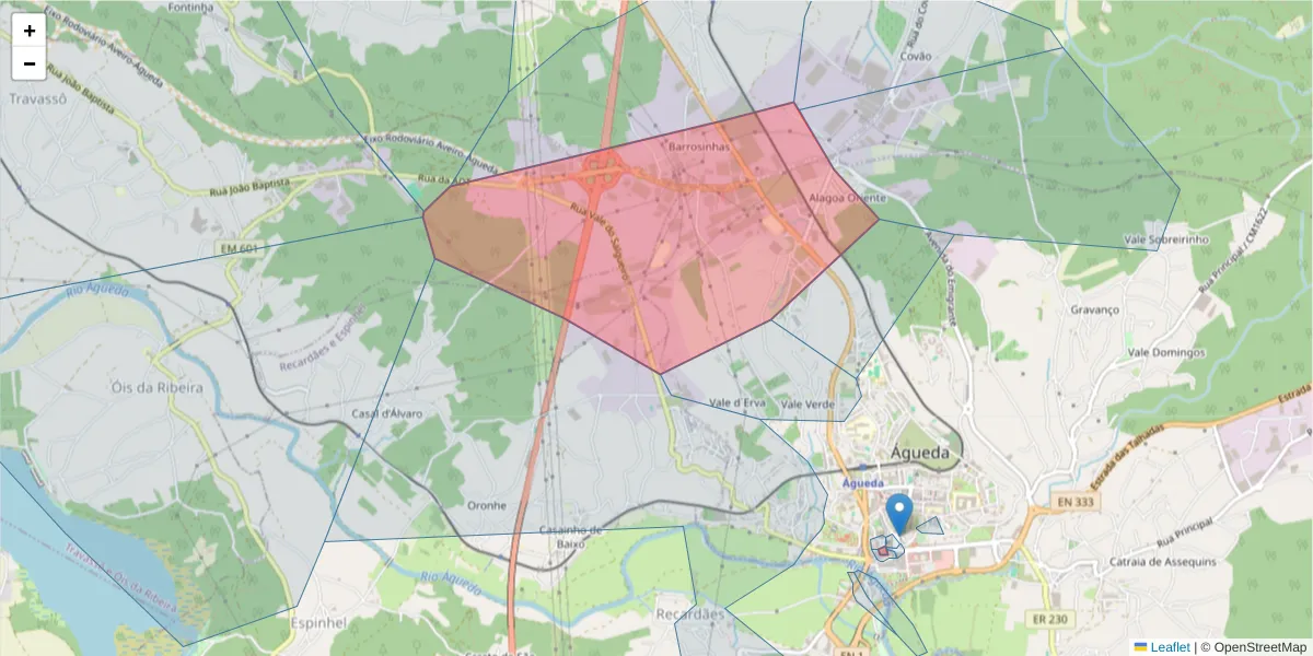 Mapa detalhado do código postal 3750-301 com limites, códigos postais vizinhos e agências dos correios
