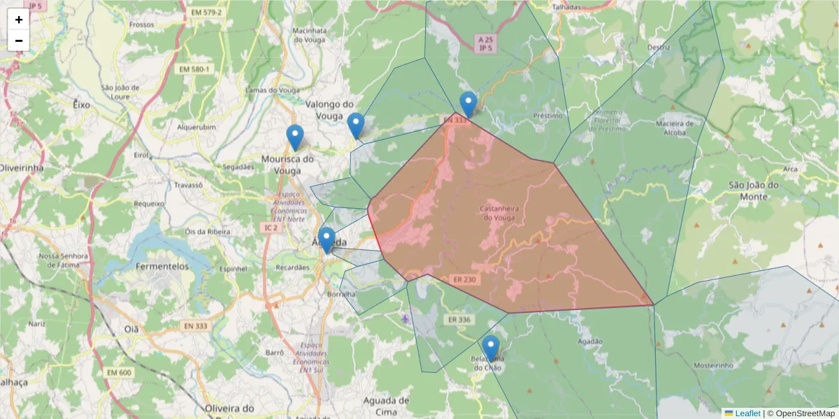 Mapa detalhado do código postal 3750-309 com limites, códigos postais vizinhos e agências dos correios