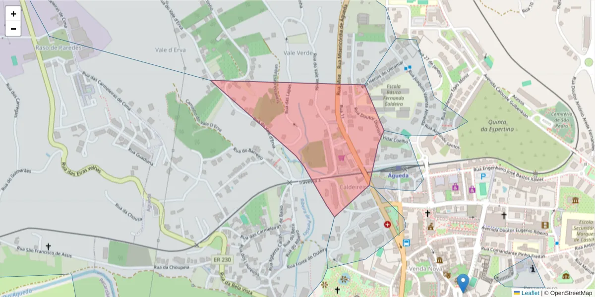 Mapa detalhado do código postal 3750-324 com limites, códigos postais vizinhos e agências dos correios