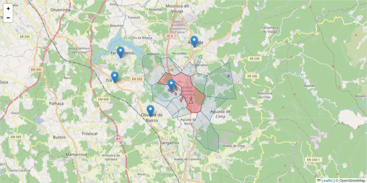 Mapa detalhado do código postal 3750-353 com limites, códigos postais vizinhos e agências dos correios
