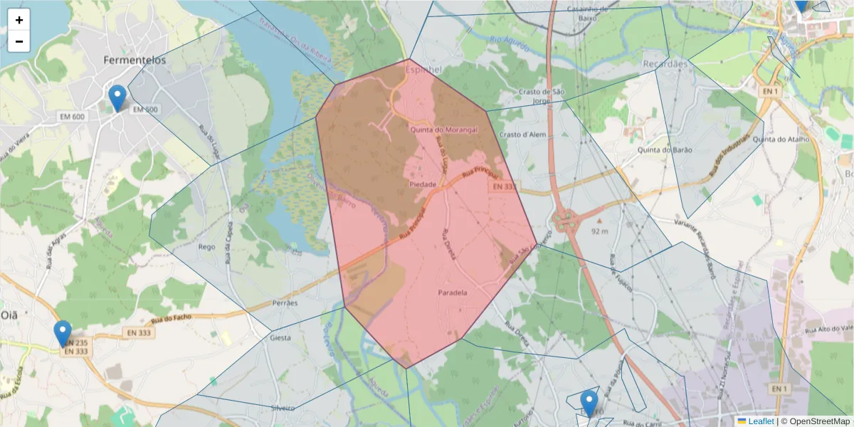 Mapa detalhado do código postal 3750-406 com limites, códigos postais vizinhos e agências dos correios