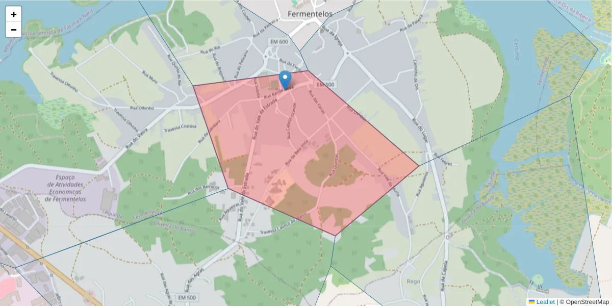 Mapa detalhado do código postal 3750-422 com limites, códigos postais vizinhos e agências dos correios