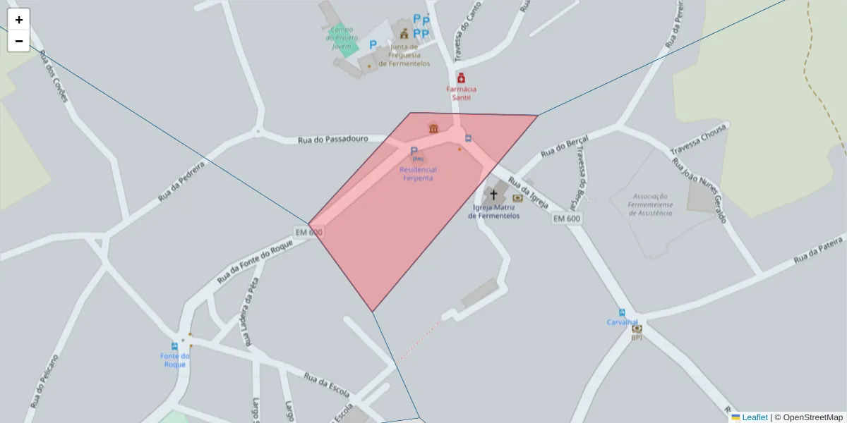 Mapa detalhado do código postal 3750-427 com limites, códigos postais vizinhos e agências dos correios
