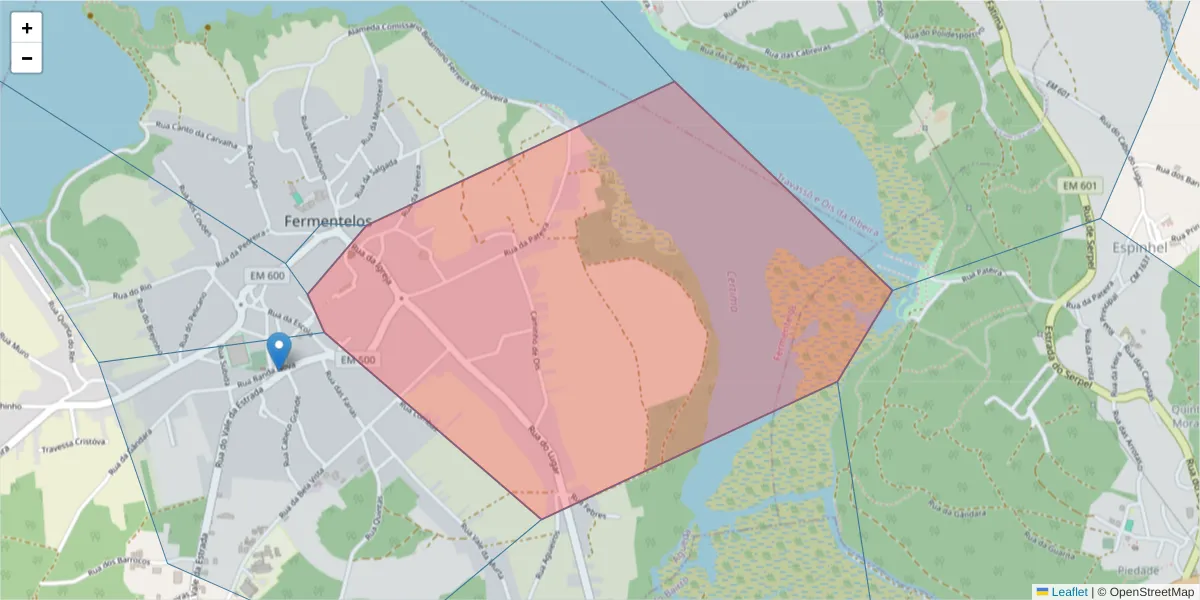 Mapa detalhado do código postal 3750-437 Fermentelos com limites, códigos postais vizinhos e agências dos correios