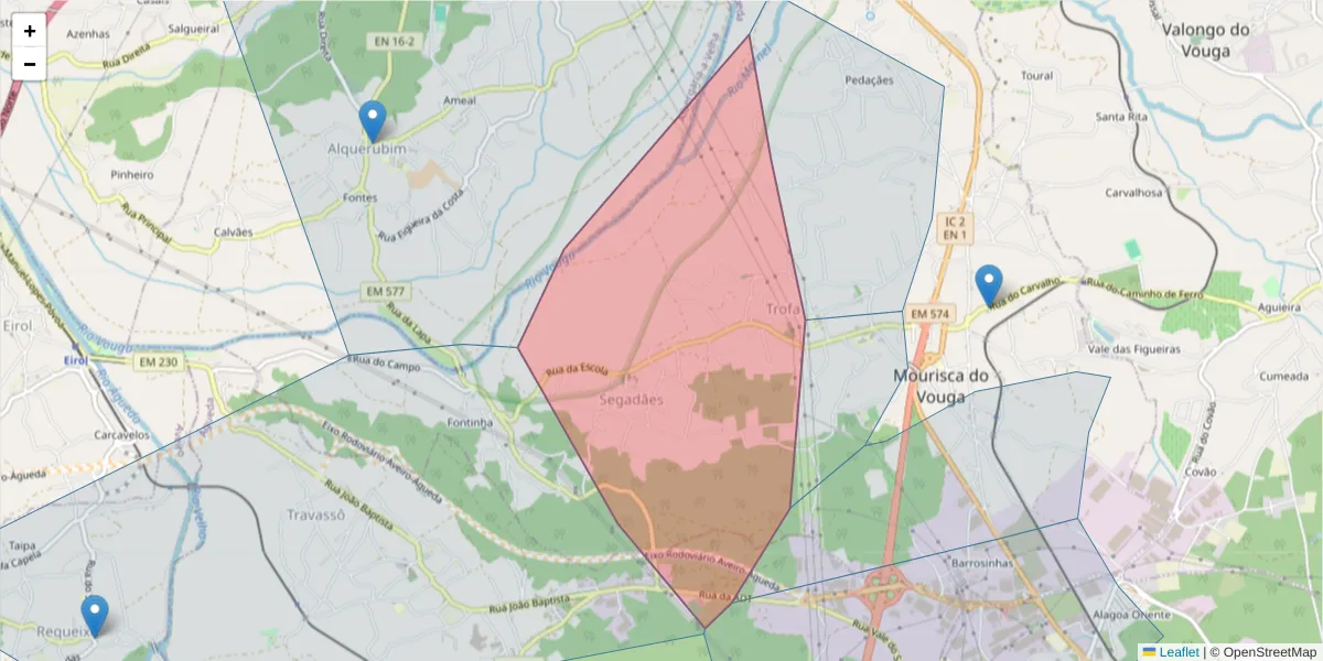 Mapa detalhado do código postal 3750-591 com limites, códigos postais vizinhos e agências dos correios