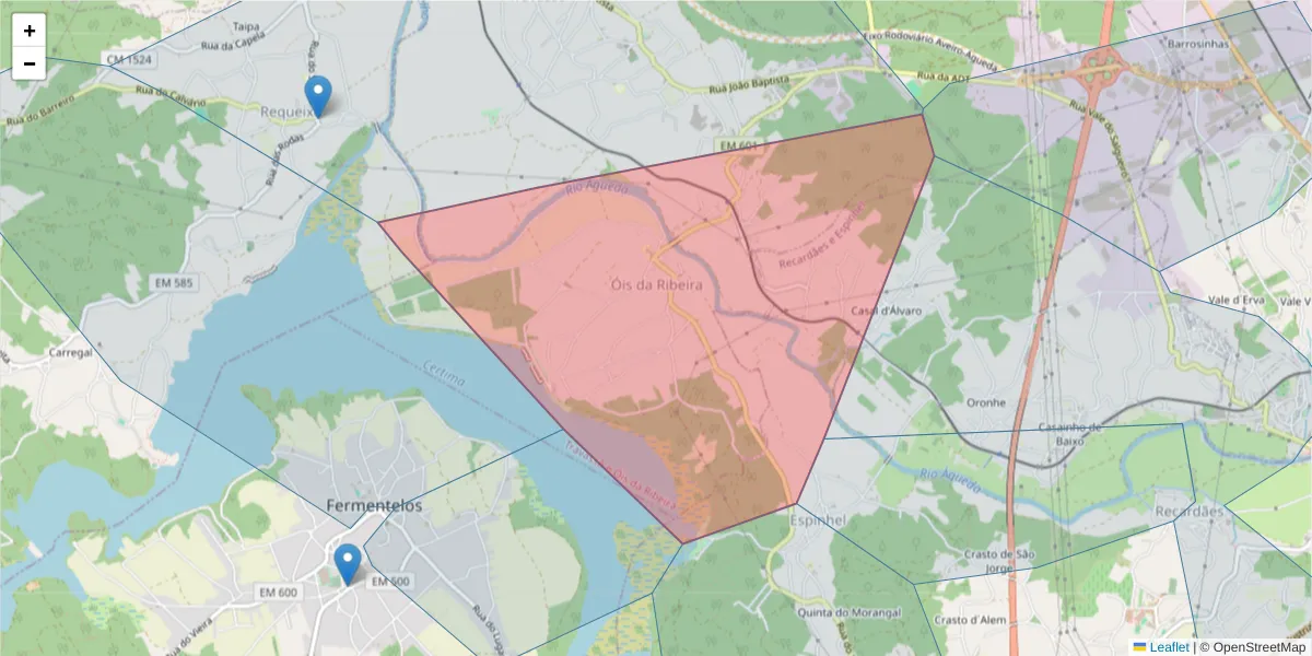 Mapa detalhado do código postal 3750-650 com limites, códigos postais vizinhos e agências dos correios